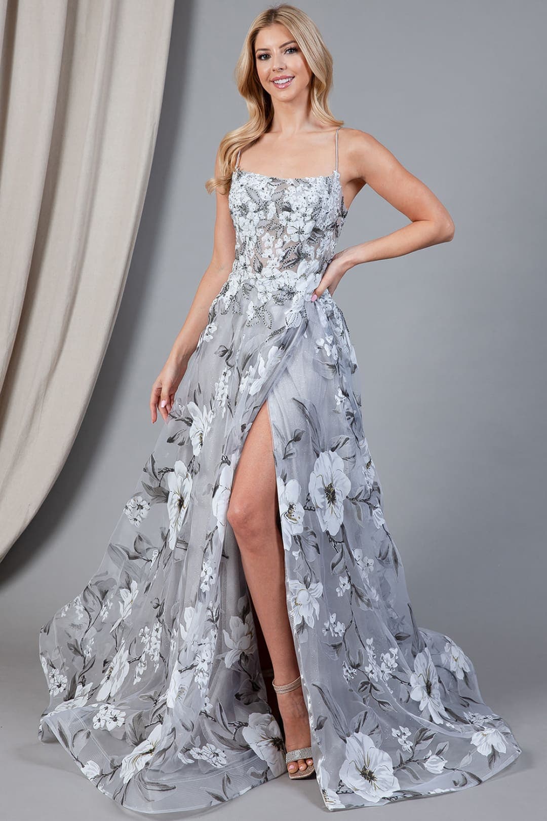 Floral Prom Gown - SILVER/WHITE / 2