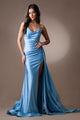 Amelia Couture 3013 Strapless Lycra Side Cape Long Evening Prom Gown - VINTAGE BLUE / 2 - Dress