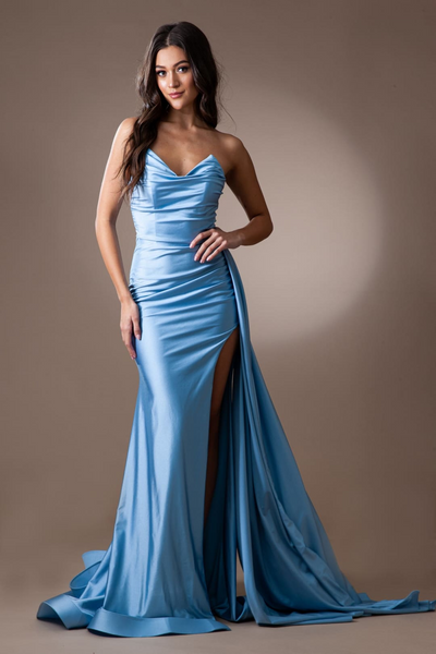 Amelia Couture 3013 Strapless Lycra Side Cape Long Evening Prom Gown - VINTAGE BLUE / 2 - Dress
