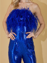 Amelia Couture 3019 Sequin Feather Strapless Formal Jumpsuit