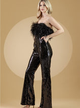 Amelia Couture 3019 Sequin Feather Strapless Formal Jumpsuit
