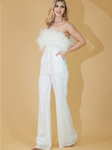 Amelia Couture 3019 Sequin Feather Strapless Formal Jumpsuit