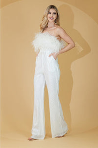 Amelia Couture 3019 Sequin Feather Strapless Jumpsuit with Side Pocket - Dress