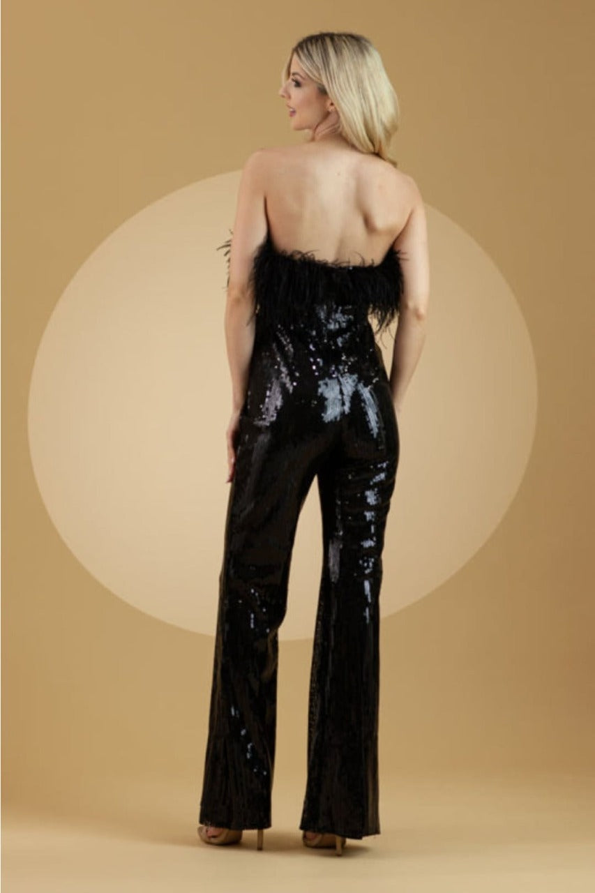 Amelia Couture 3019 Sequin Feather Strapless Jumpsuit with Side Pocket - BLACK / Dress