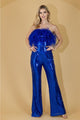 Amelia Couture 3019 Sequin Feather Strapless Jumpsuit with Side Pocket - ROYAL BLUE / Dress