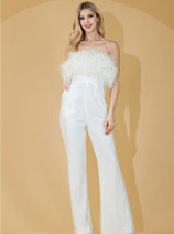 Amelia Couture 3019 Sequin Feather Strapless Formal Jumpsuit