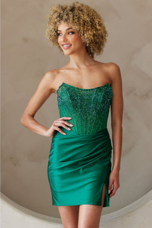 Amelia Couture 3021S Strapless Corset Satin Short Cocktail Dress - EMERALD GREEN / Dress