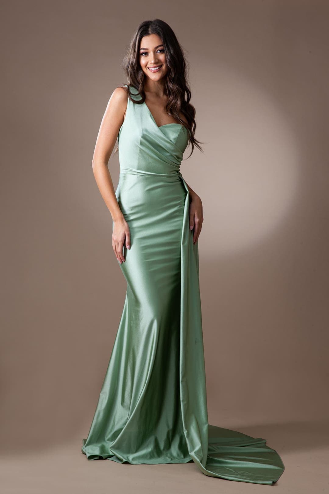 Amelia Couture 387 One Shoulder Prom Stretchy Evening Gown - SAGE / 2 - Dress