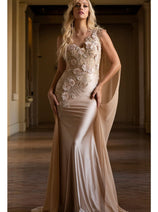 Amelia Couture 388 One Shoulder Cape Long Floral Formal Evening Dress