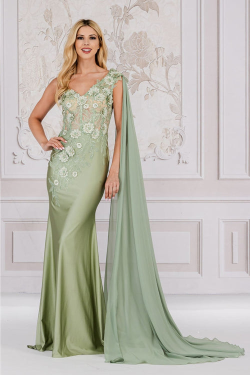 Amelia Couture 388 One Shoulder Cape Long Floral Formal Evening Dress - SAGE / 2