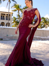 Amelia Couture 388 One Shoulder Cape Long Floral Formal Evening Dress