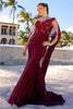 Amelia Couture 388 One Shoulder Cape Long Floral Formal Evening Dress - WINE / 2