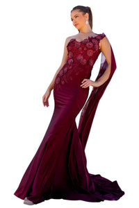 Amelia Couture 388 One Shoulder Cape Long Floral Formal Evening Dress - WINE / 2