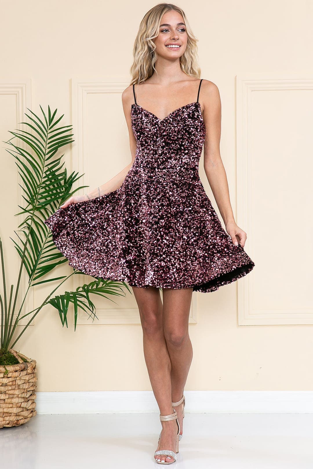 Fully Sequined Hoco Cocktail Dress - BLACK/PINK