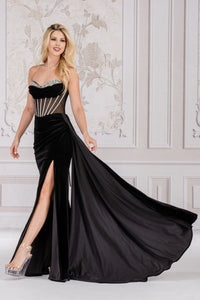 Amelia Couture 5051 Strapless Jewel Embellished Mermaid Side Sash Gown - BLACK / 2 - Dress