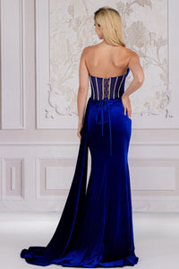 Amelia Couture 5051 Strapless Jewel Embellished Mermaid Side Sash Gown - ROYAL BLUE / 2 - Dress