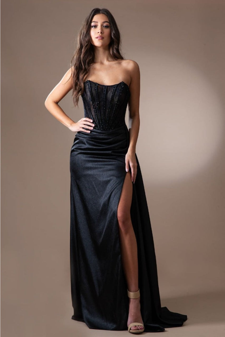 Amelia Couture 5054 Black Satin Corset Lace-Up Back Formal Gown - Dress