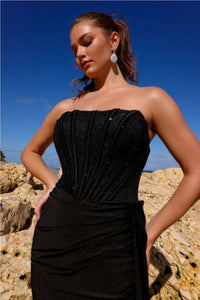 Amelia Couture 5054 Black Satin Corset Lace-Up Back Formal Gown - Dress