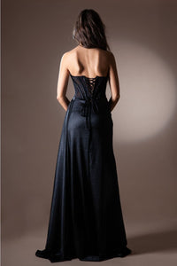 Amelia Couture 5054 Black Satin Corset Lace-Up Back Formal Gown - Dress