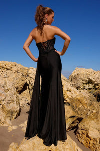 Amelia Couture 5054 Black Satin Corset Lace-Up Back Formal Gown - Dress