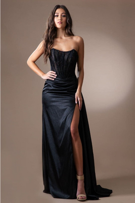 Amelia Couture 5054 Black Satin Corset Lace-Up Back Formal Gown