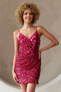 Amelia Couture 5057S V-Neck Sleeveless Sequin Homecoming Dress - PINK / Dress