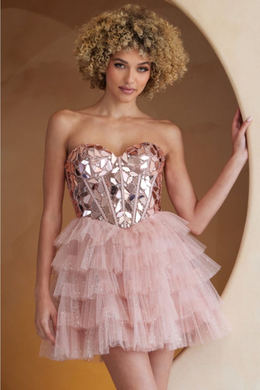 Amelia Couture 5058S Strapless Glitter Homecoming Ruffle Dress - ROSE / Dress