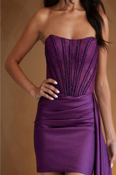 Amelia Couture 5060S Scoop Neck Corset Ruched Short Party Dress - Dress