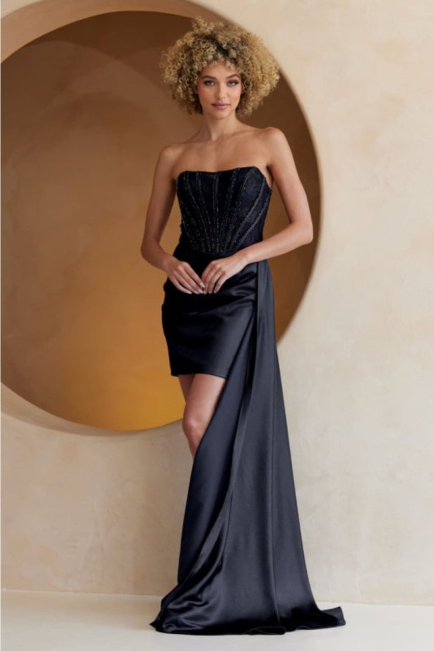 Amelia Couture 5060S Scoop Neck Corset Ruched Short Party Dress - BLACK / Dress