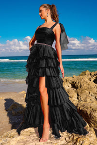 Amelia Couture 6125 Lace Up Back Tiered Ruffled A-line Evening Gown - BLACK / Dress