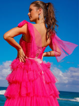 Amelia Couture 6125 Lace Up Back Tiered Ruffled A-line Evening Gown