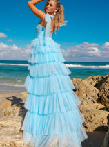 Amelia Couture 6125 Lace Up Back Tiered Ruffled A-line Evening Gown