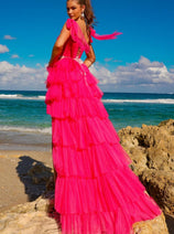 Amelia Couture 6125 Lace Up Back Tiered Ruffled A-line Evening Gown