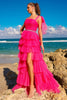 Amelia Couture 6125 Lace Up Back Tiered Ruffled A-line Evening Gown - FUCHSIA / Dress