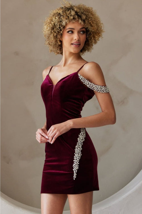 Amelia Couture 6200S Beaded Embellished Velvet Graduation Dress - WINE / Dress