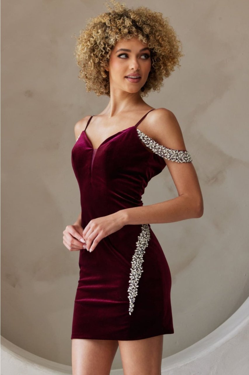 Amelia Couture 6200S Beaded Embellished Velvet Graduation Dress - WINE / Dress