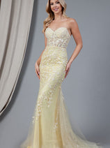 Amelia Couture 7024Y Strapless Floral Embroidered Yellow Prom Dress