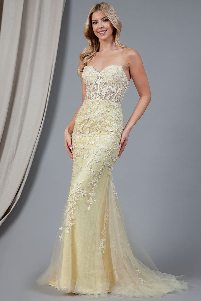 Amelia Couture 7024 Sweetheart Mesh Corset Mermaid Prom Dress - YELLOW