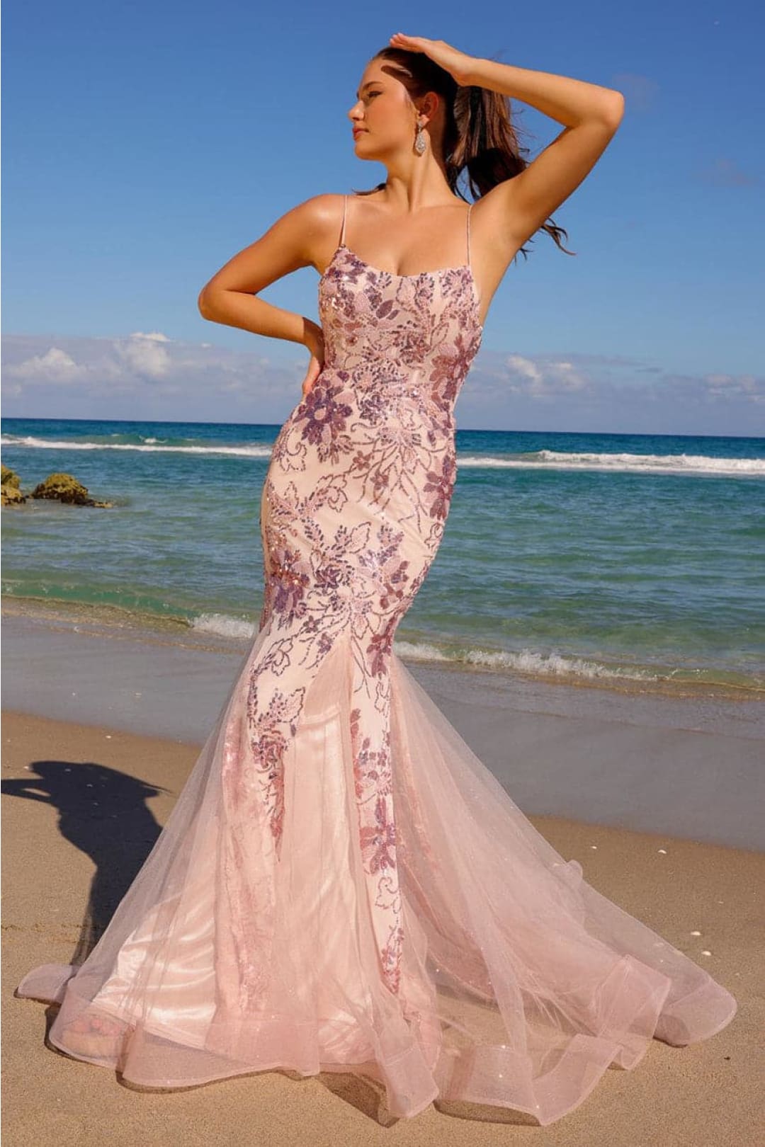 Amelia Couture 7038 Sleeveless Floral Embellishment Mermaid Dress - ROSE / Dress