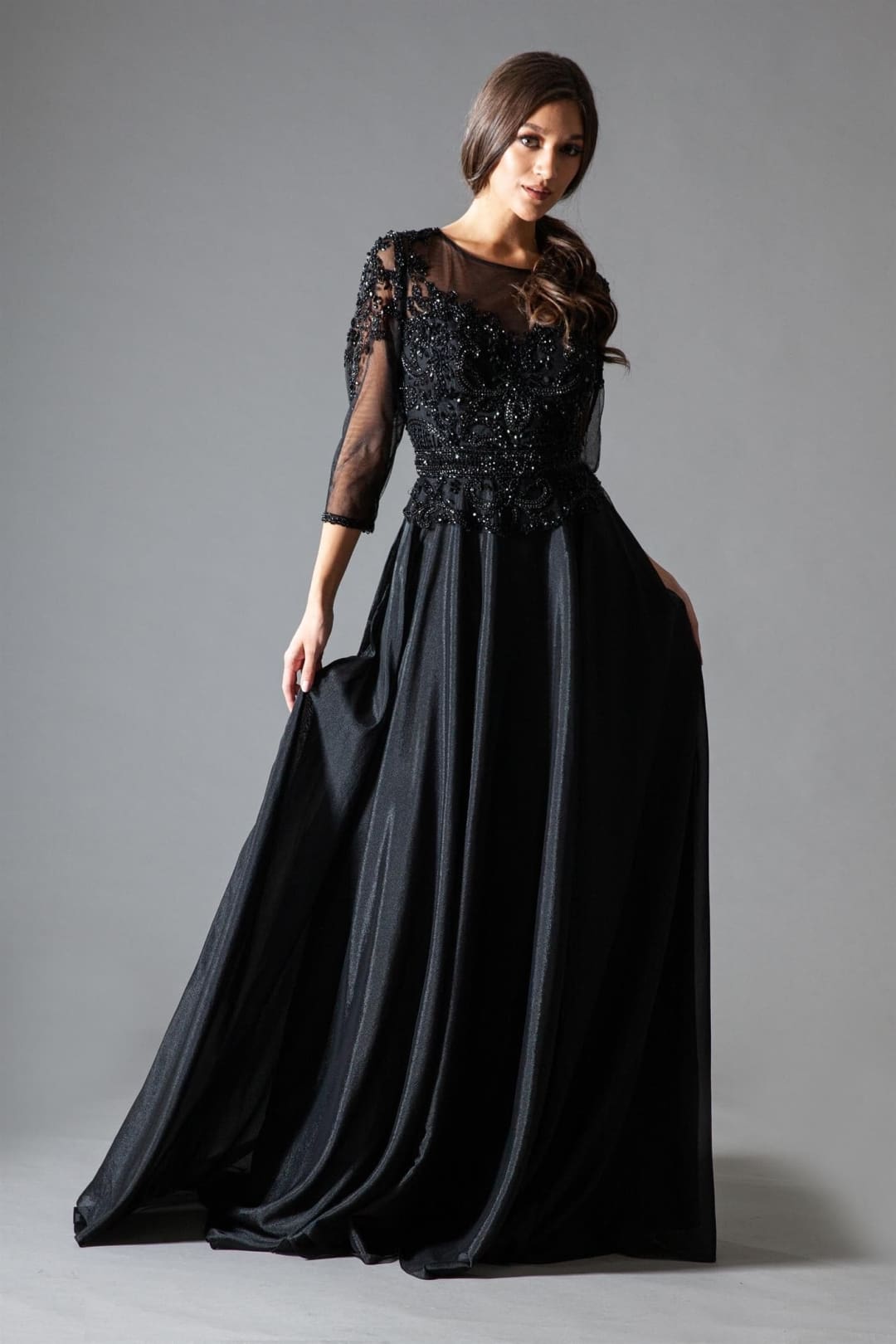 Amelia Couture 7041 Illusion 3/4 Sleeve Mother of the Groom Gown - BLACK / 10 - Dress