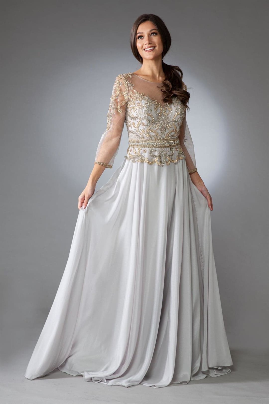Amelia Couture 7041 Illusion 3/4 Sleeve Mother of the Groom Gown - CHAMPAGNE / 10 - Dress