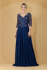 Amelia Couture 7046 Satin Beaded Embellished 3/4 Sleeve Evening Gown - NAVY / 10 Dress