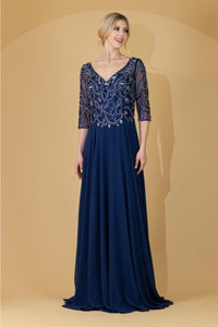 Amelia Couture 7046 Satin Beaded Embellished 3/4 Sleeve Evening Gown - Dress