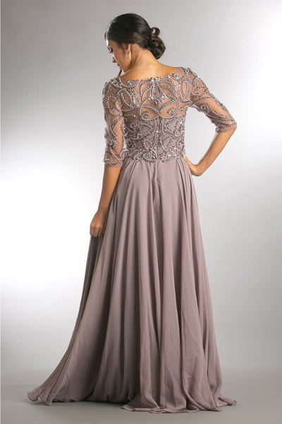 Amelia Couture 7046 Satin Beaded Embellished 3/4 Sleeve Evening Gown - Dress