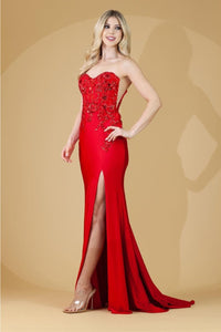 Amelia Couture 7052 Strapless Beaded Embellished Sheer Side Slit Gown - Dress