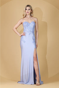 Amelia Couture 7052 Strapless Beaded Embellished Sheer Side Slit Gown - PERIWINKLE / Dress