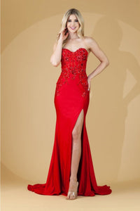 Amelia Couture 7052 Strapless Beaded Embellished Sheer Side Slit Gown - RED / Dress