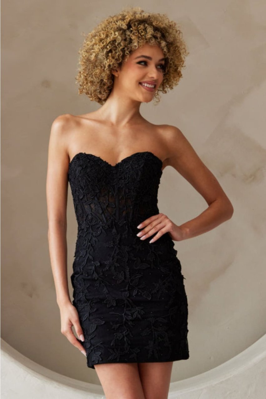 Amelia Couture 7053S Strapless Floral Applique Homecoming Party Dress - BLACK / Dress