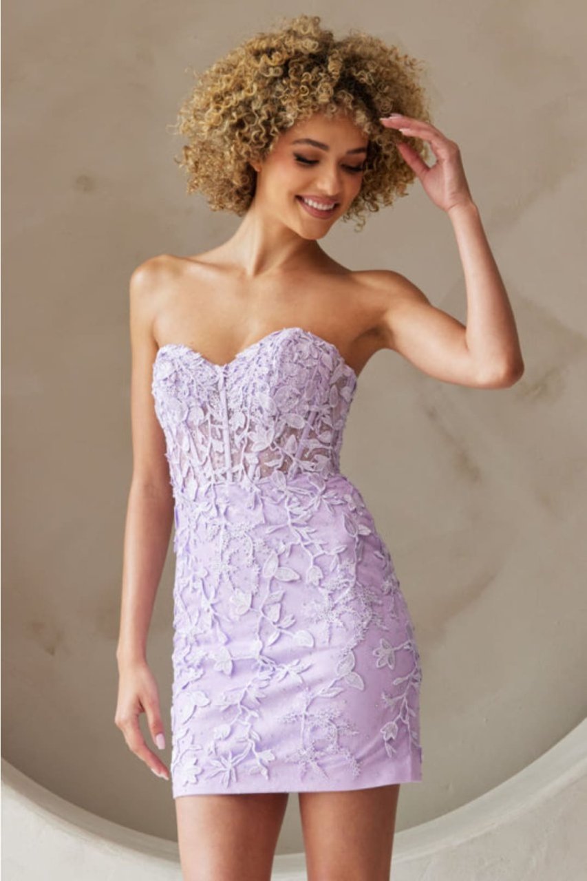 Amelia Couture 7053S Strapless Floral Applique Homecoming Party Dress - LILAC / Dress