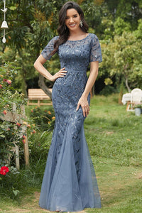 Amelia Couture AC7707 Short Sleeve Mermaid Gown - VINTAGE BLUE / 6